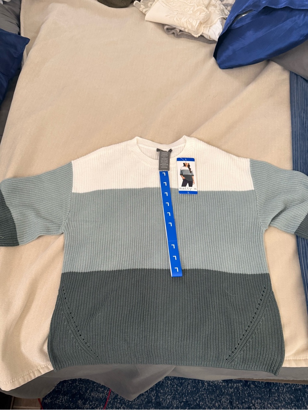 Matty M Colorblock Crewneck Sweater in White, Light Blue & Dark Teal